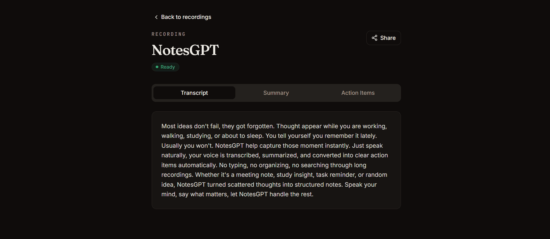 NotesGPT recording view — transcript, summary and action items