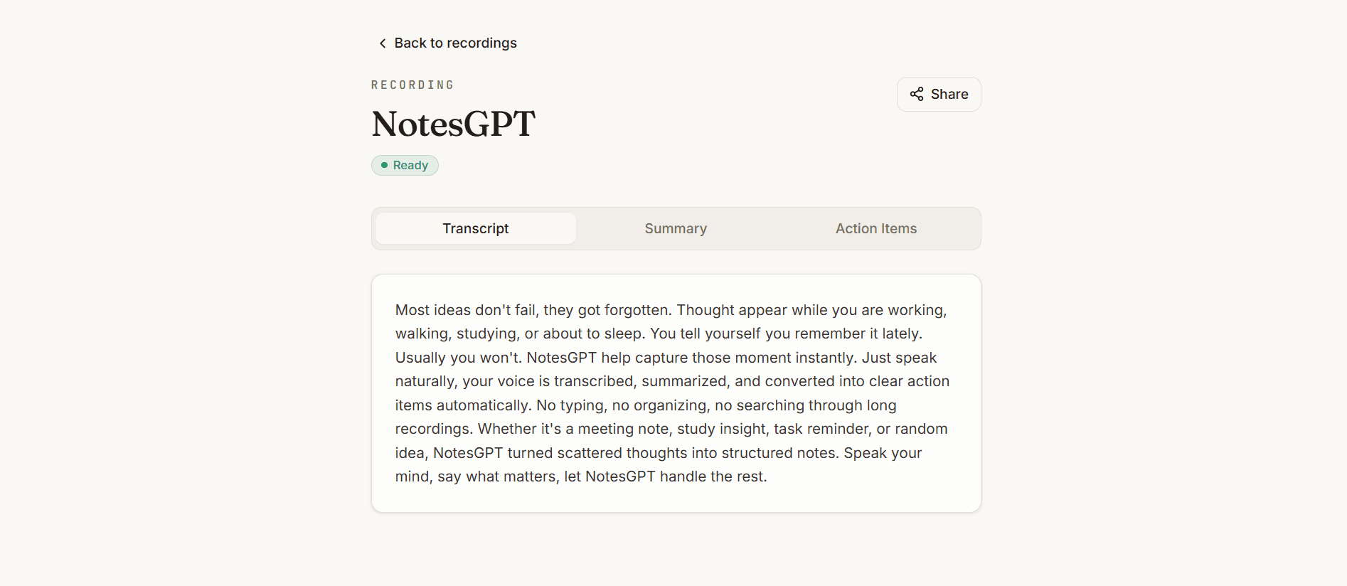 NotesGPT recording view — transcript, summary and action items